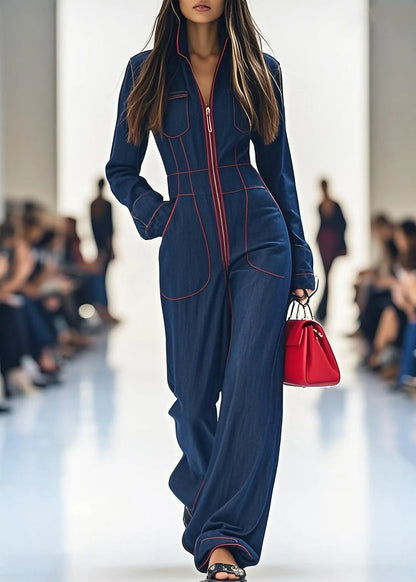 Navy Zip Up Pockets Patchwork Denim Jumpsuit Spring