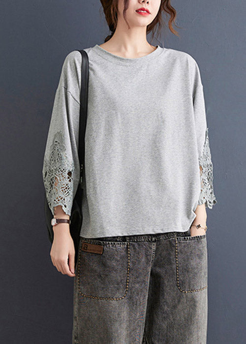 Grey Hollow Out Sweatshirts Top Ruffled Low High Design Three Quarter Sleeve