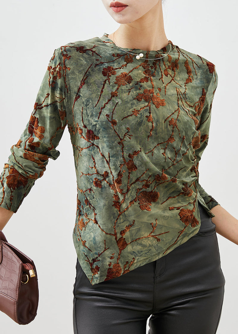 Green Jacquard Asymmetrical Silm Fit Velour Blouses Spring