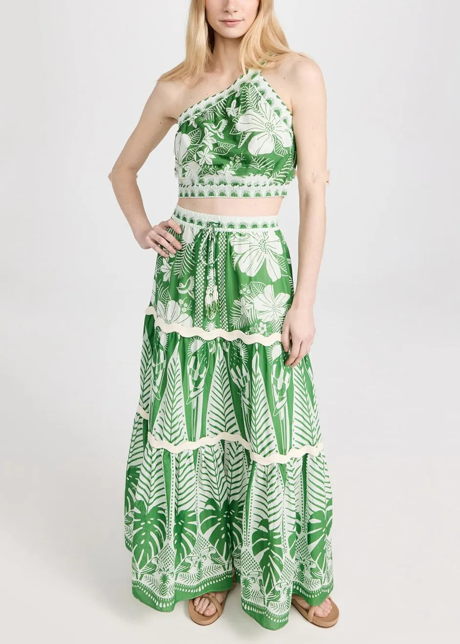 Italian Green One Shoulder Print Top and Maxi Skirts Two Pieces Set Sleeveless