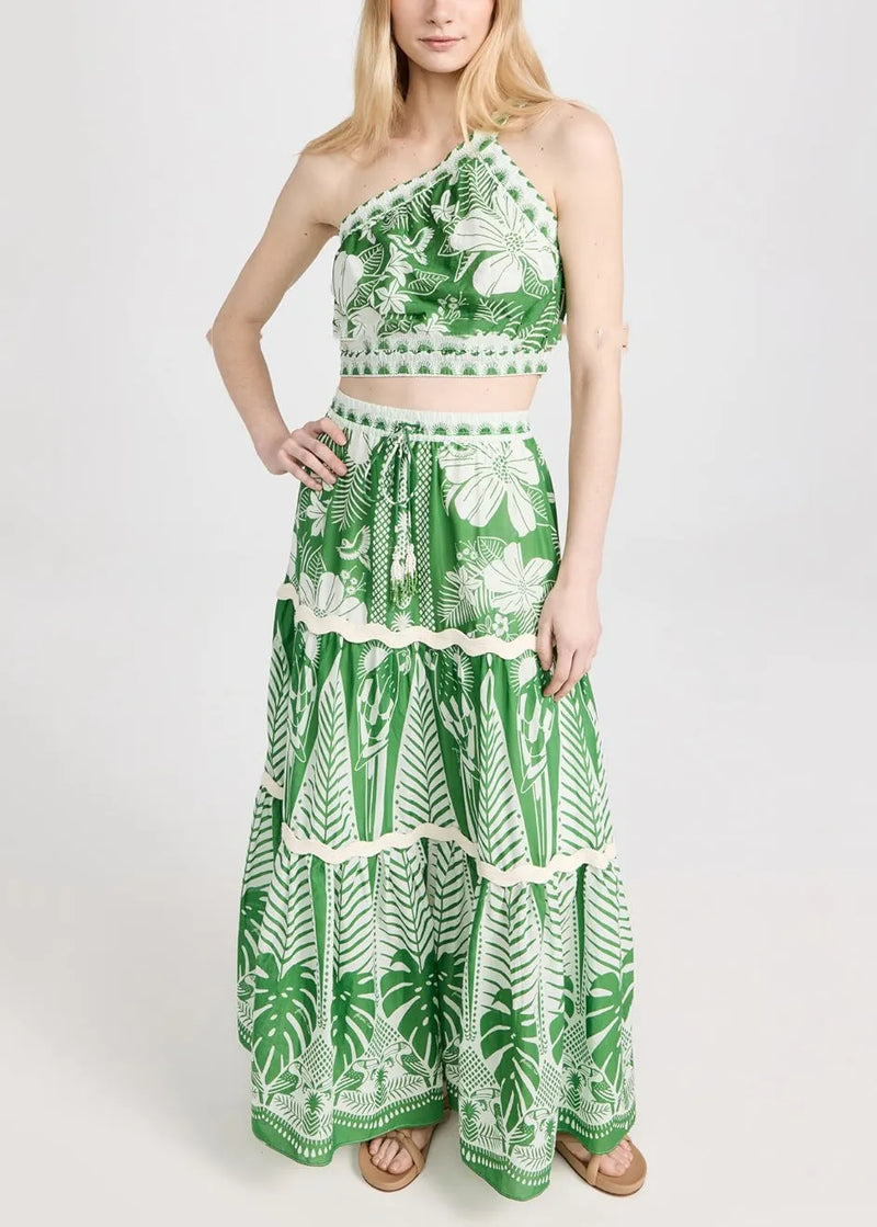 Italian Green One Shoulder Print Top and Maxi Skirts Two Pieces Set Sleeveless