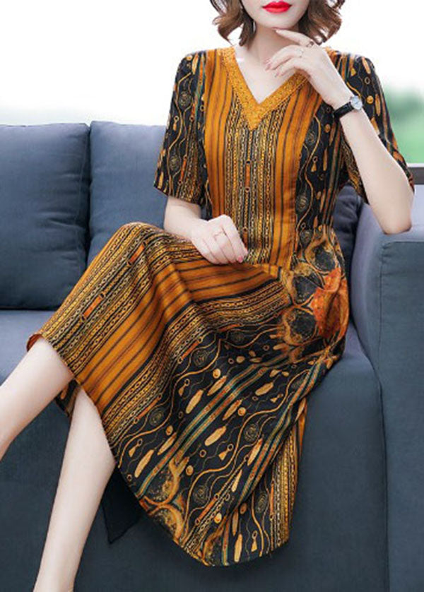 Vogue Yellow V Neck Striped Print Silk Dress Short Sleeve