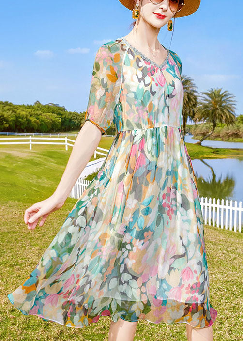 V Neck Multi Print Wrinkled Layered Chiffon Mid Dress Short Sleeve