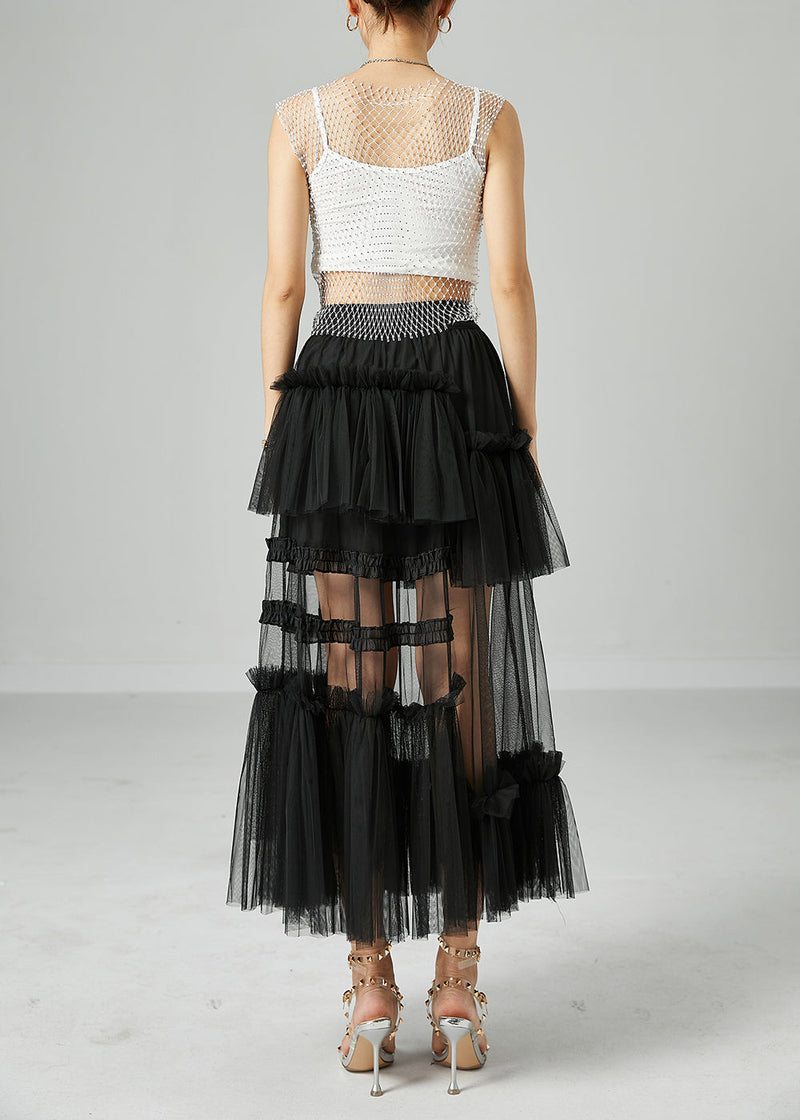 Black Patchwork Tulle a Line Skirts Wrinkled Exra Large Hem Summer