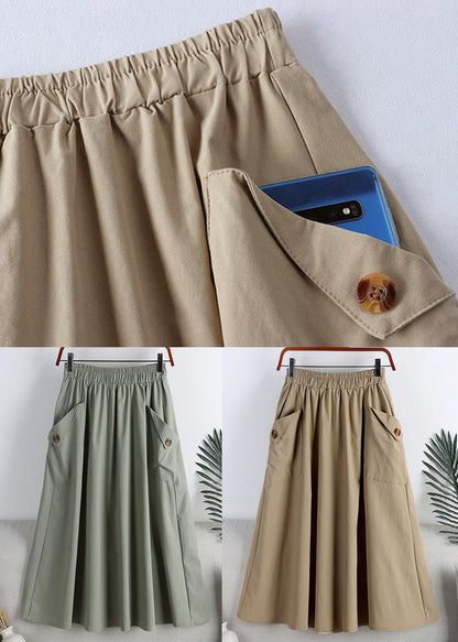 Light Khaki Button Pockets Faux Leathe a Line Skirts Summer