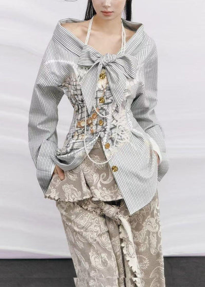 Cold Shoulder Plaid Cotton Fake Two Piece Shirt Top Spring