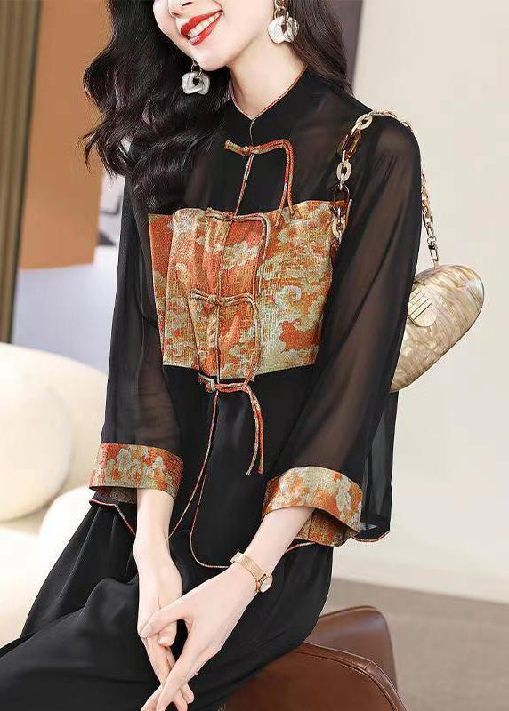 Black Stand Collar Tasseled Patchwork Chiffon Shirt Top Fall