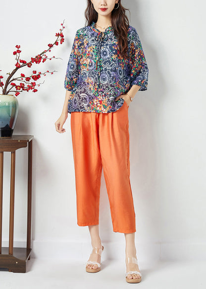 Ruffled Lace Up Print Cotton Tops and Pants Two Pieces Set Summer