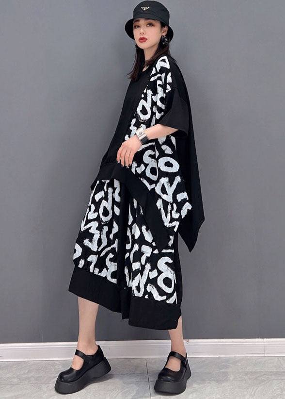 Black Letter Print Patchwork Cotton Top and Crop Pants 2 Pieces Asymmetrical Summer