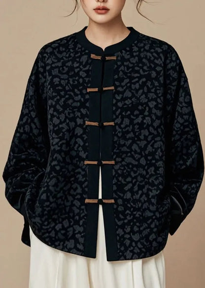 Handmade Black O-neck Patchwork Button Coats Fall