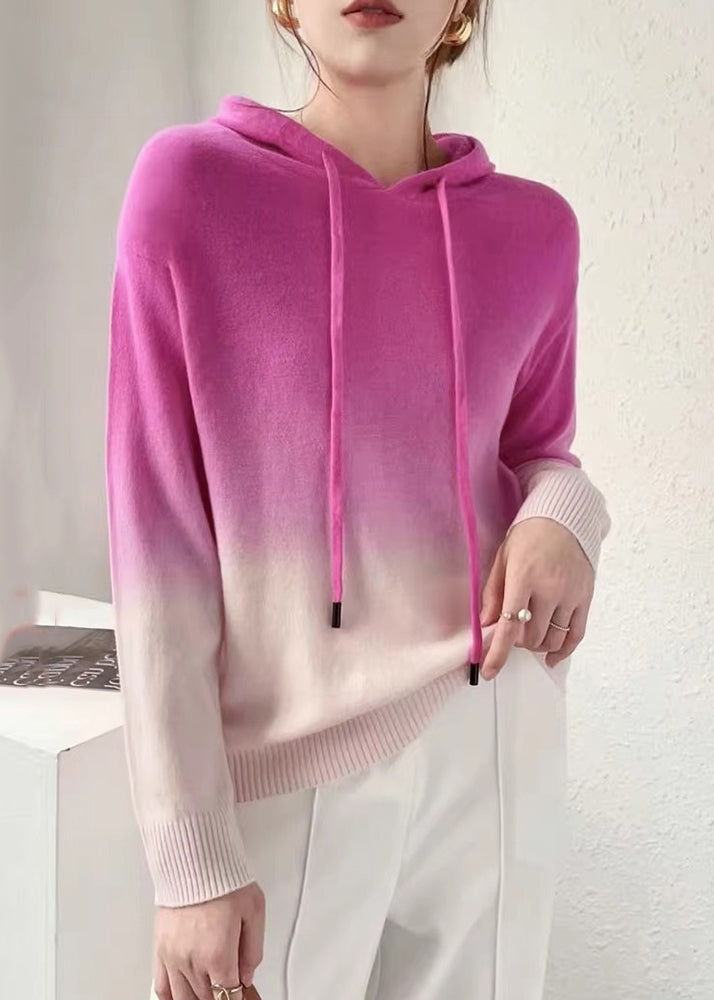 New Blue Gradient Color Hooded Patchwork Wool Knit Sweaters Fall