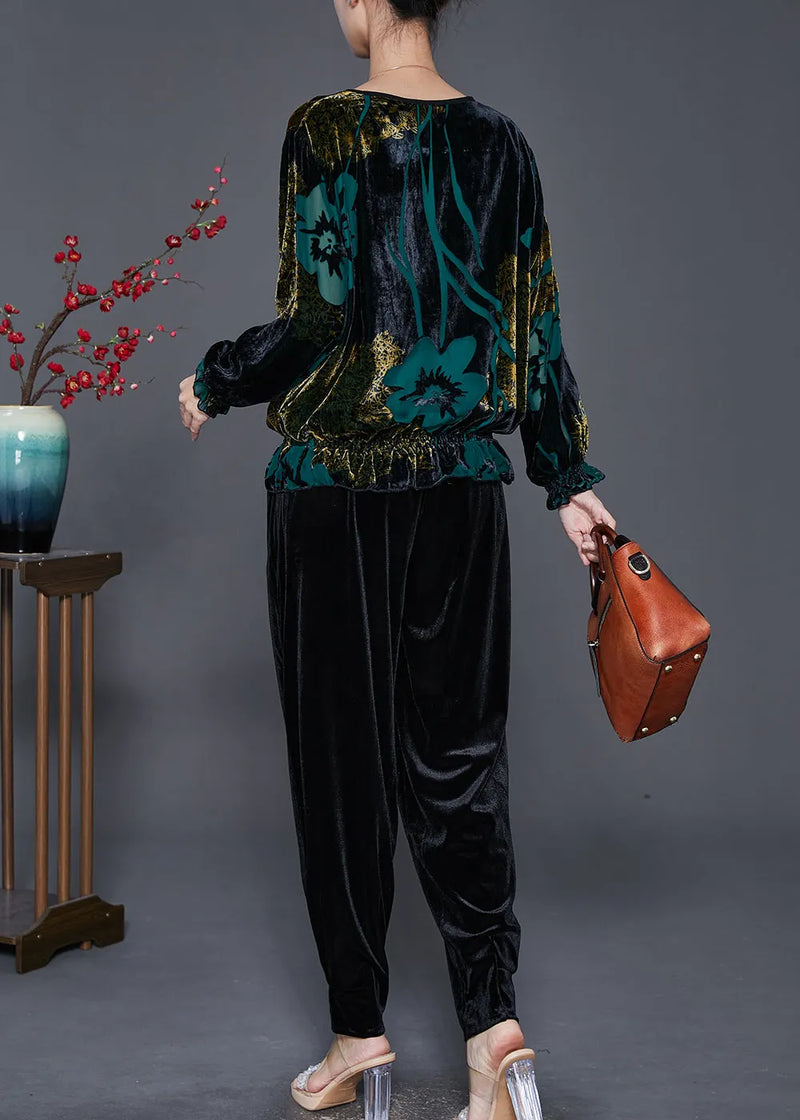 Green Print Oversized Silk Velour Two Pieces Set Fall