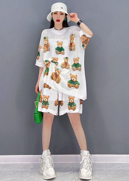 White Teddy Bear Print Cotton Tanks and Shorts Two Pieces Set Short Sleeve