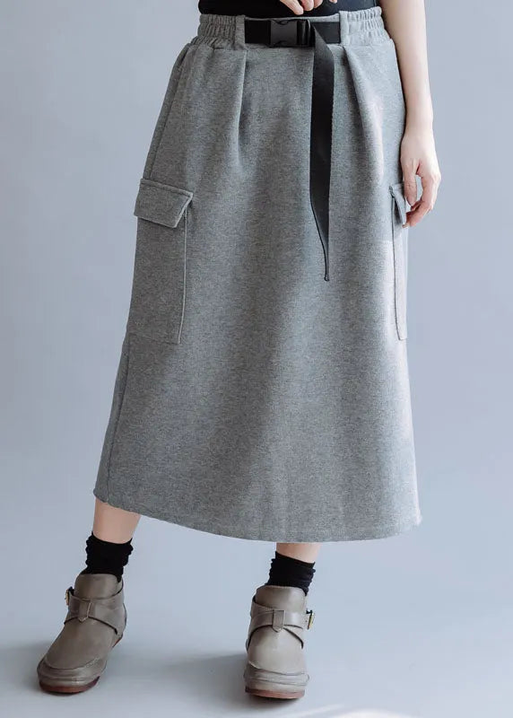 Modern Grey Elastic Waist Pockets Cotton Skirt Fall