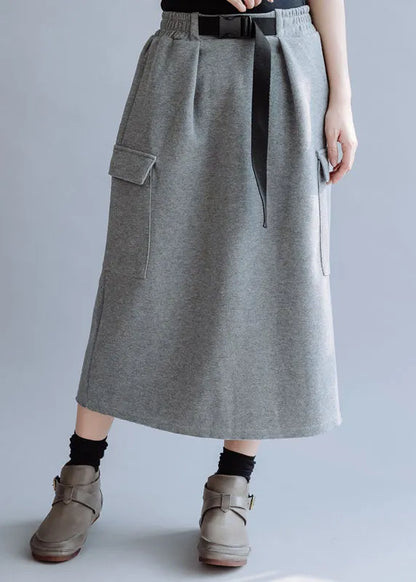 Modern Grey Elastic Waist Pockets Cotton Skirt Fall