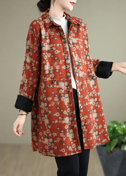 Orange Peter Pan Collar Print Warm Fleece Shirts Coat Spring