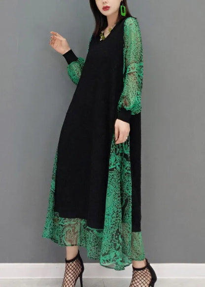 Diy Green O-neck Tie Waist Lace Patchwork Knit Dress Spring