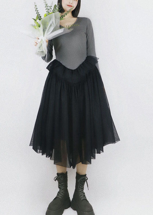 Green V Neck Patchwork Tulle Exra Large Hem Cotton Long Dress Long Sleeve
