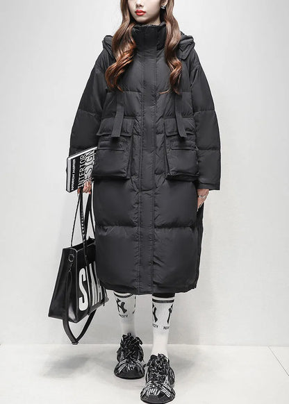 Black Zippered Pockets Duck Down Winter Down Long Coat Hooded