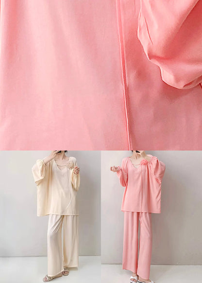 Loose Pink V Neck Cotton Pajamas Two Piece Set Fall