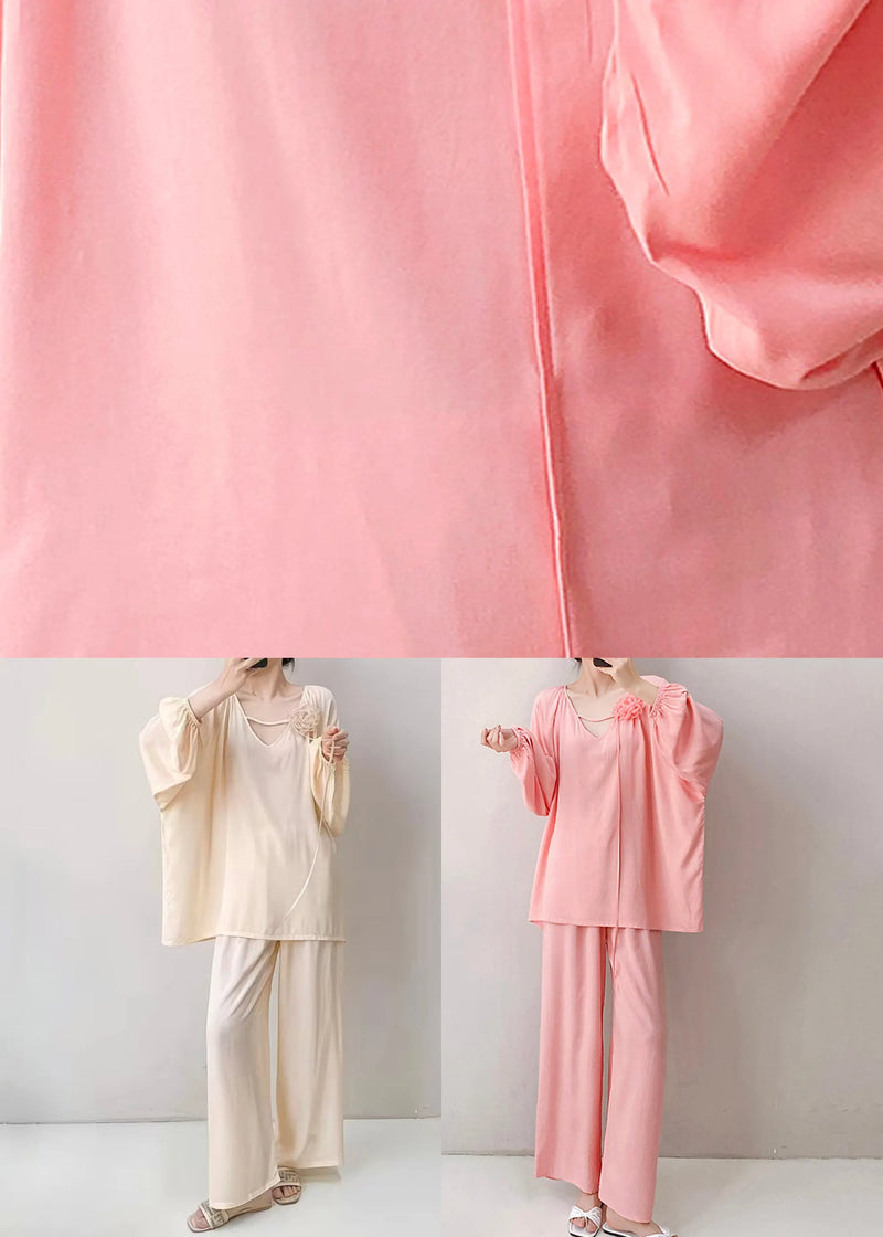 Apricot Oversized Cotton Fall Pajamas Two Pieces Set V Neck
