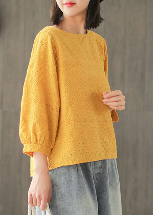 Diy Yellow Hollow Out Embroideried Fall Long Sleeve Tops