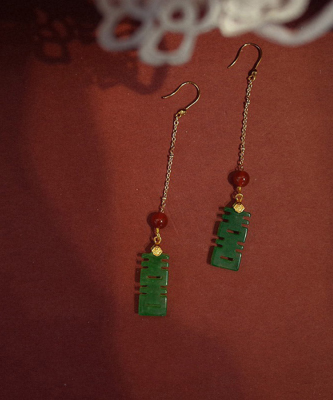 Dry Green Agate Sterling Silver Tassel Drop Earrings