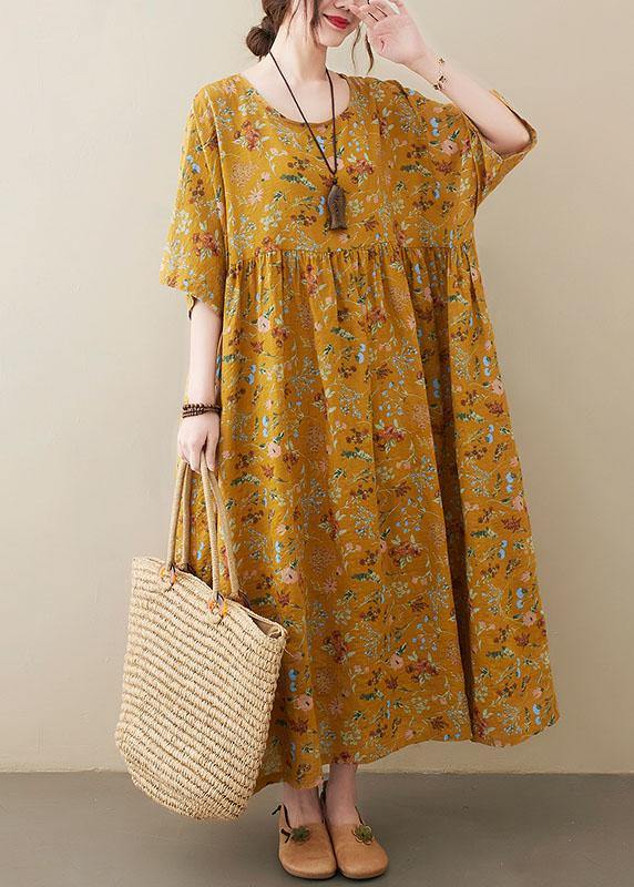 Natural Yellow O-neck Pockets Print Summer Sundress