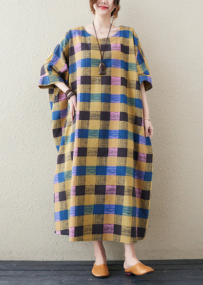 Yellow Plaid O-neck Long Dress Summer