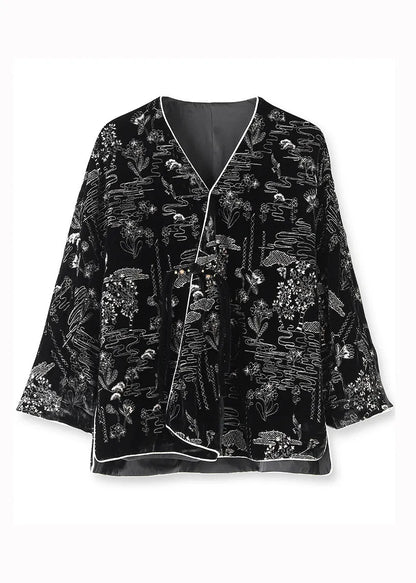 Black V Neck Jacquard Patchwork Silk Velour Coats Fall