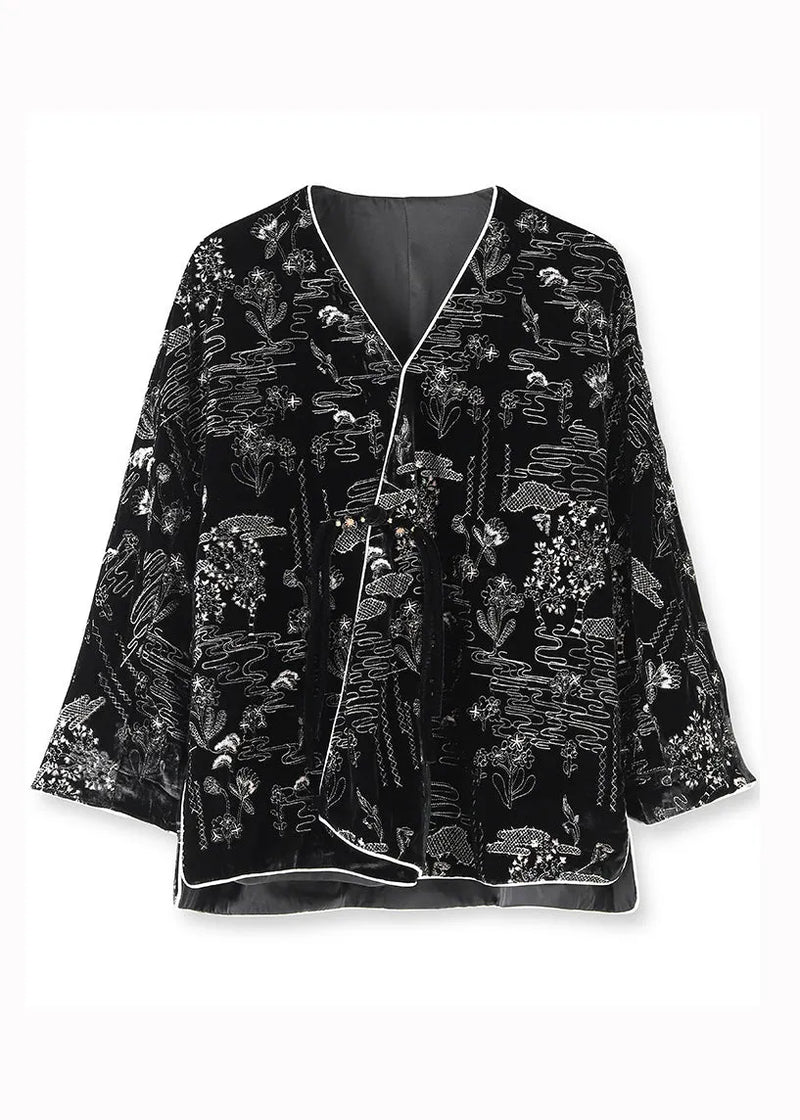 Black V Neck Jacquard Patchwork Silk Velour Coats Fall