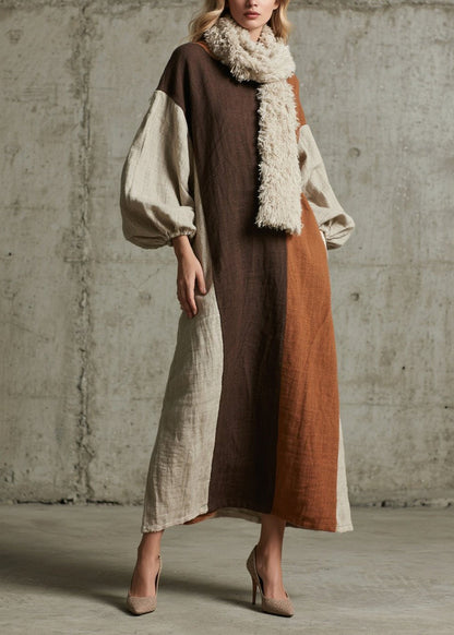 Original Design Colorblock Patchwork Cotton Long Dress Fall