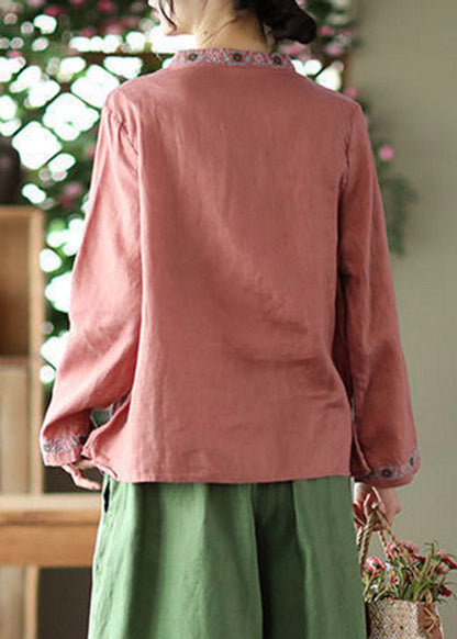 Watermelon Red Embroideried Linen Shirt Long Sleeve