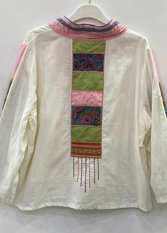 Art White V Neck Embroideried Button Linen Top Long Sleeve