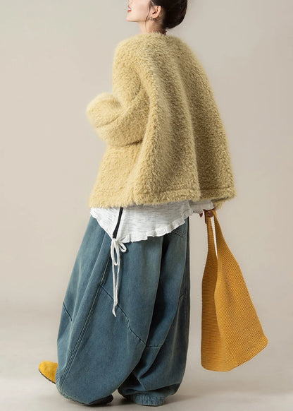 Loose Yellow Pockets Coat and Denim Wide Leg Pants Teddy Faux Fur Two Piece Set Winter