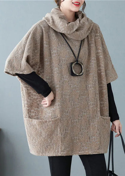 Khaki Turtle Neck Jacquard Woolen Tops Short Sleeve