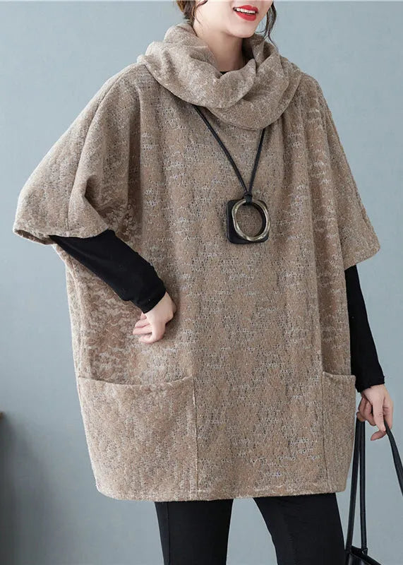 Khaki Turtle Neck Jacquard Woolen Tops Short Sleeve