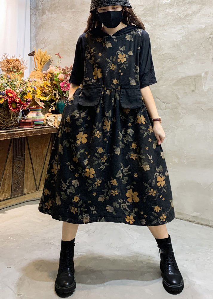 Black O-neck Print Pockets Cotton Long Dress Sleeveless