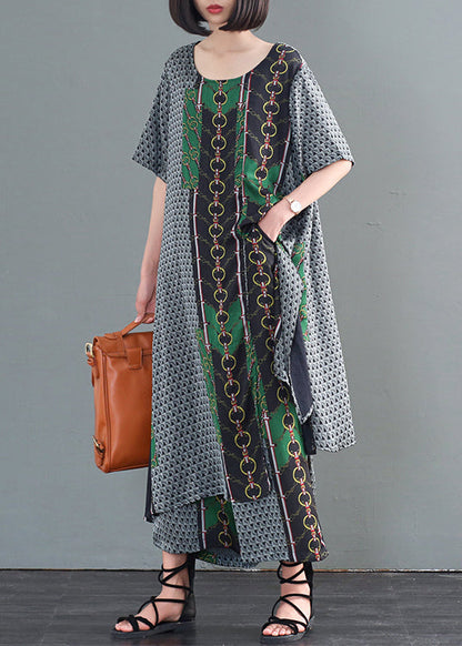 Unique Asymmetrical Print Side Open Silk Two Pieces Set Fall
