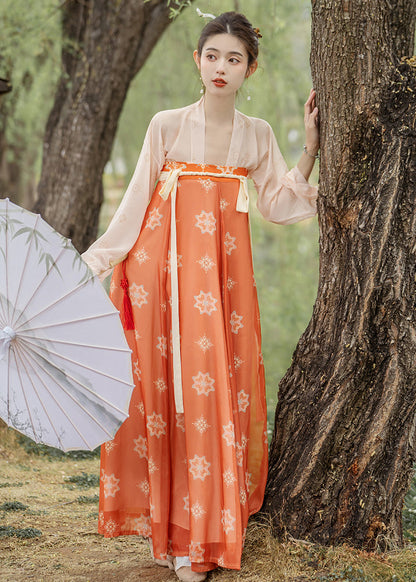 Orange Print Lace Up Wrinkled Patchwork Chiffon Two Pieces Set Fall