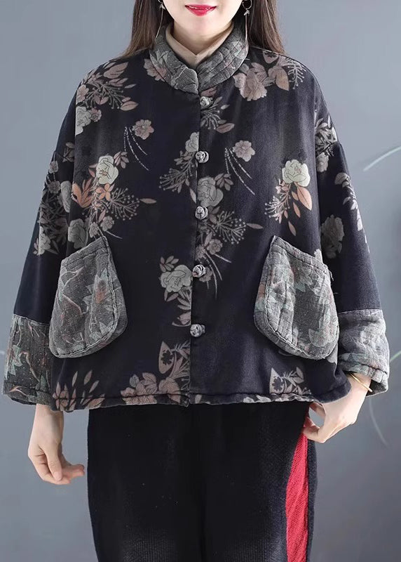 Black Pockets Print Denim Warm Fleece Coats Winter
