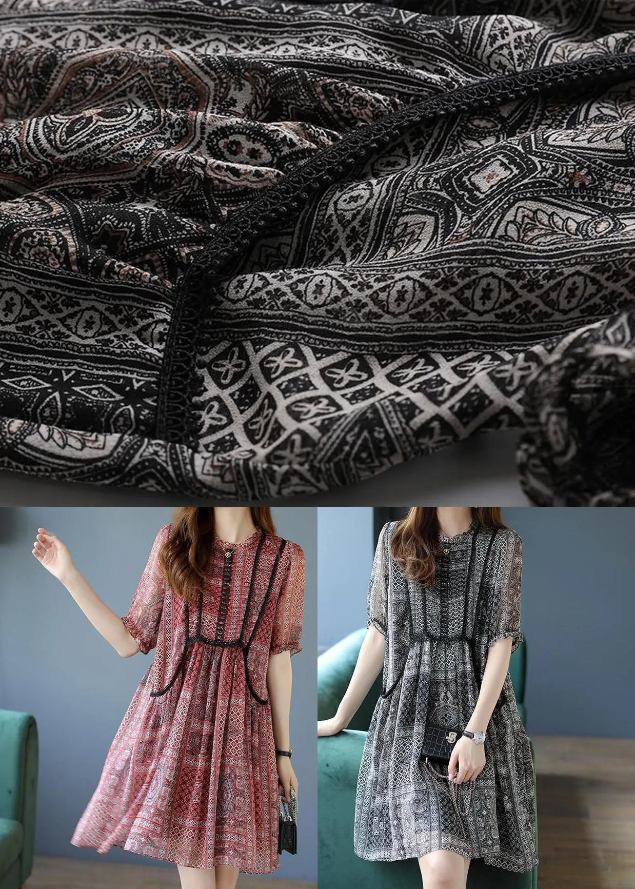 Black O-neck Ruffled Print Chiffon Party Dress Summer