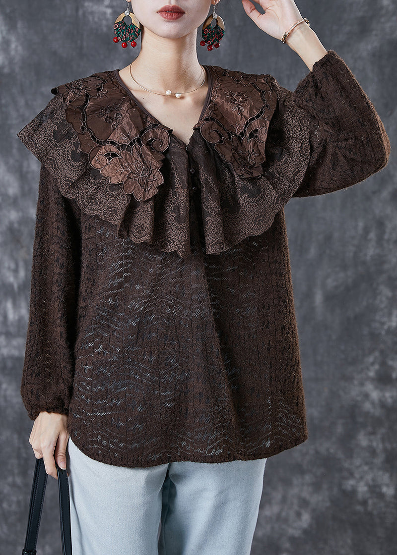 Chocolate Peter Pan Collar Hollow Out Lace Shirts Spring