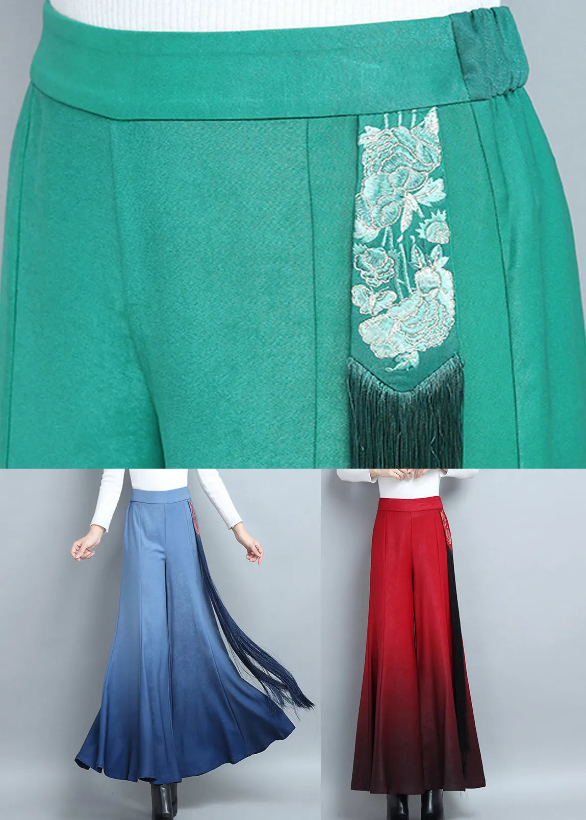 Red Embroidered High Waist Cotton Wide Leg Pants
