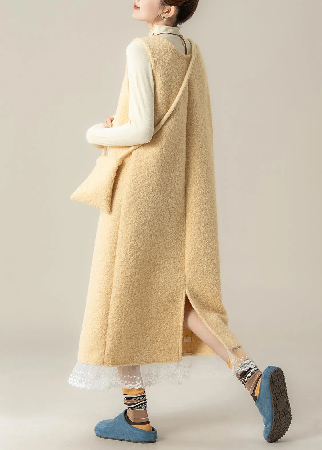 Slim Fit Yellow U Neck Back Side Open Lace Patchwork Woolen Two Pieces Set Spring
