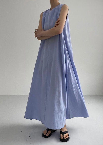 Blue O Neck Pockets Patchwork Cotton Dress Sleeveless