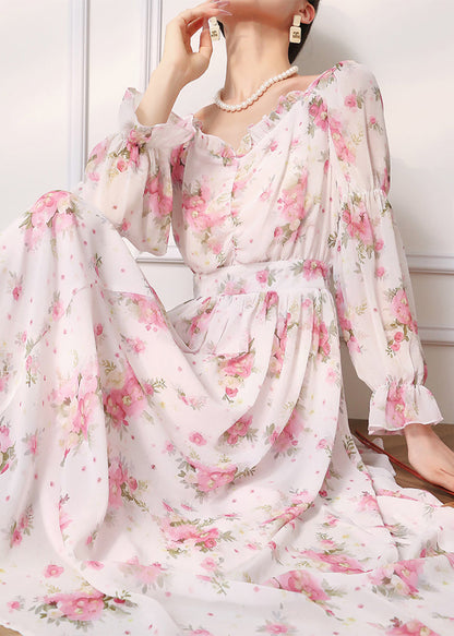 Pink Ruffled Print Chiffon Dress Long Sleeve