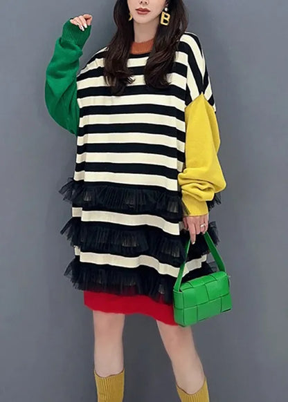 Striped O Neck Tulle Patchwork Cotton Knit Mid Dress Fall