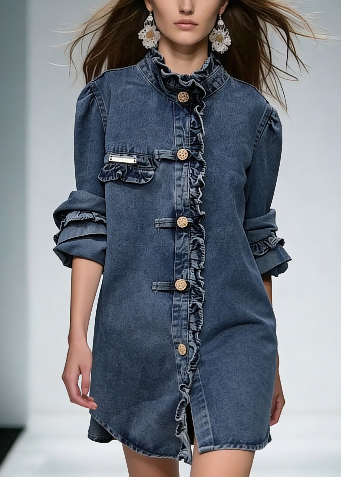New Blue Ruffled Button Denim Coats Long Sleeve