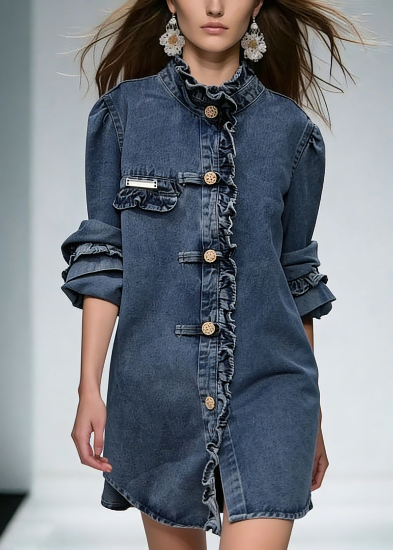 New Blue Ruffled Button Denim Coats Long Sleeve